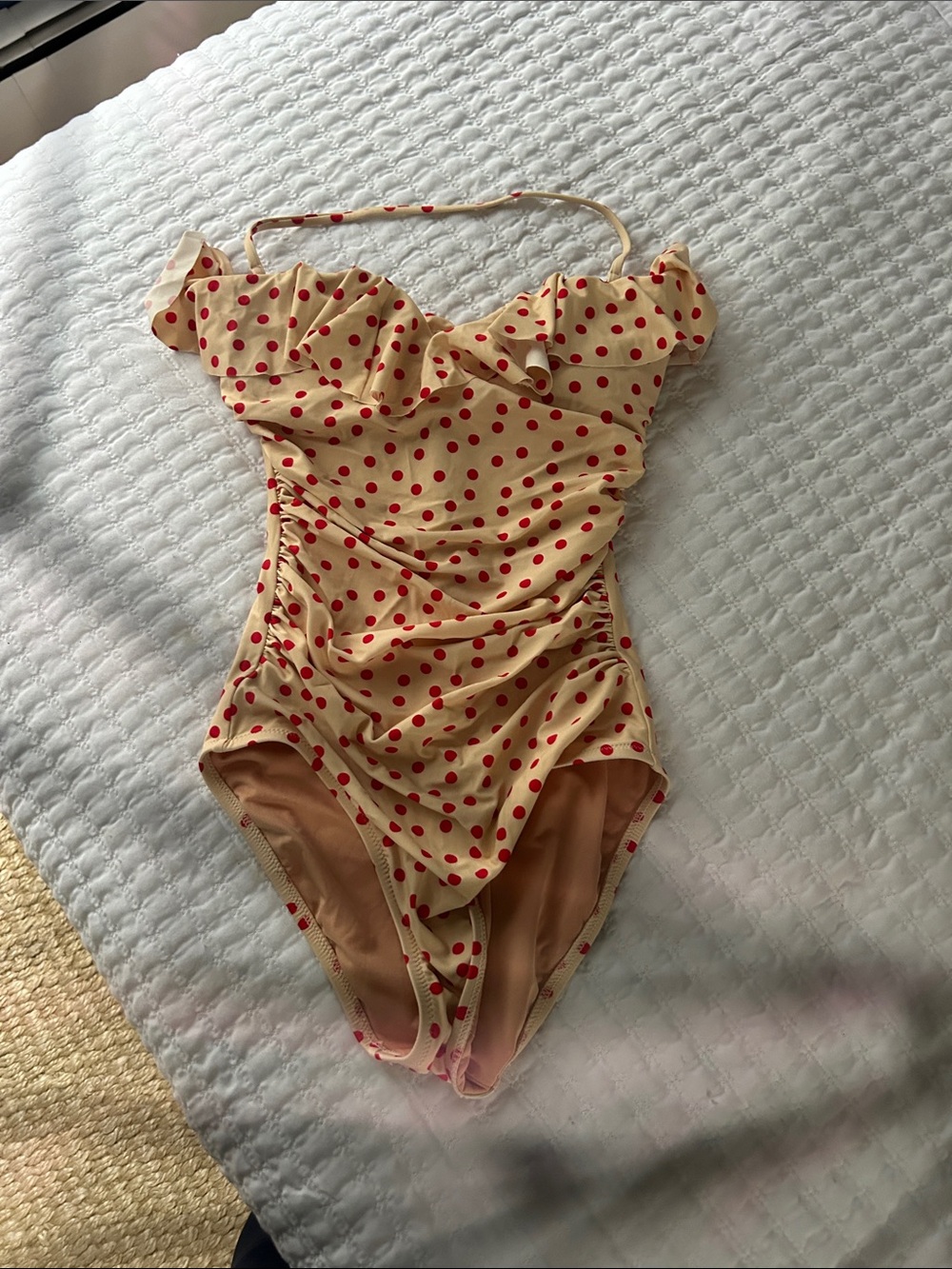 J.Crew (no tag) Polka Dot Ruffle One-Piece Swimsuit - Red Dots on Cream